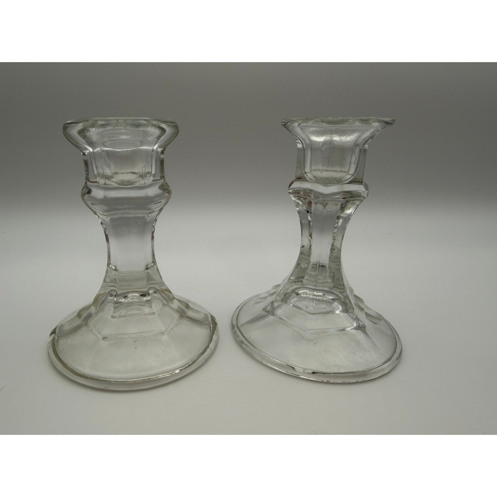 Vintage Clear Glass Hexagonal Base Taper Candlestick Holders Pair Set of 2